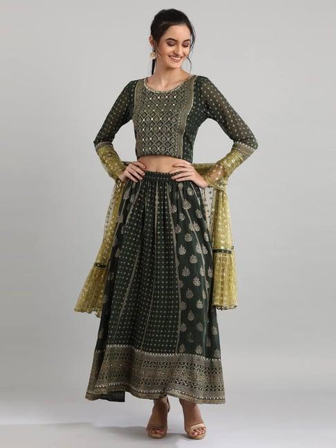 aurelia olive green embellished crop top skirt set with dupatta