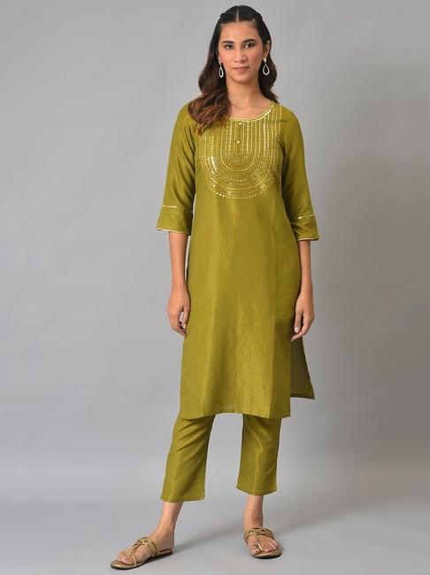 aurelia olive green embellished kurta pant set