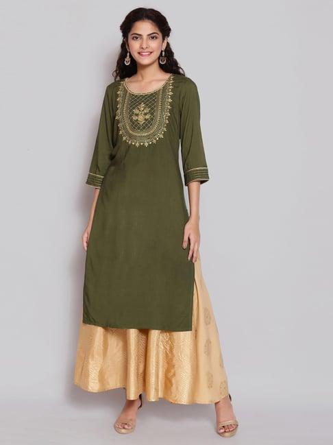 aurelia olive green embroidered straight kurta