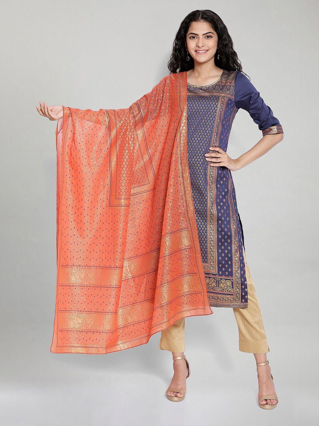 aurelia orange & navy blue ethnic motifs printed dupatta