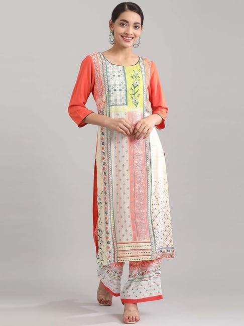 aurelia orange & off-white floral print straight kurta