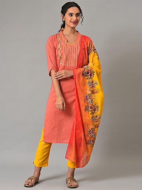 aurelia orange & yellow cotton embroidered kurta pant set with dupatta