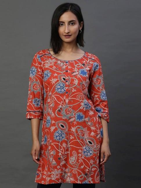 aurelia orange cotton printed straight short kurti