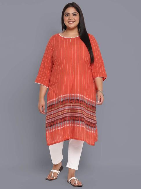 aurelia orange cotton striped straight kurta