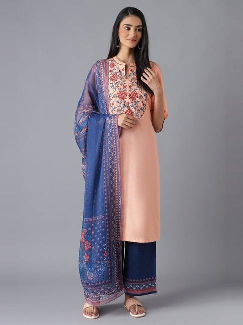 aurelia peach & blue cotton embroidered kurta palazzo set with dupatta