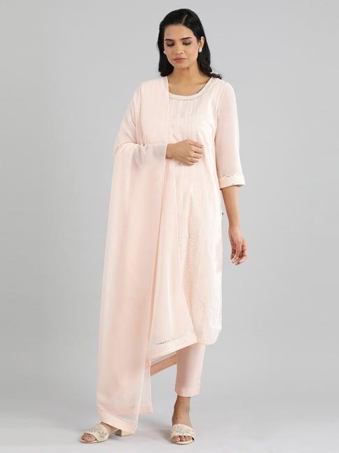 aurelia peach cotton embroidered kurta pant set with dupatta