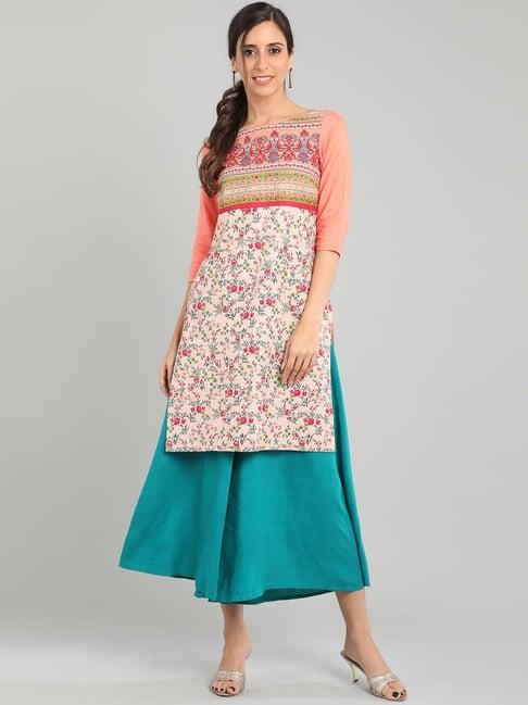 aurelia peach cotton floral print straight kurti