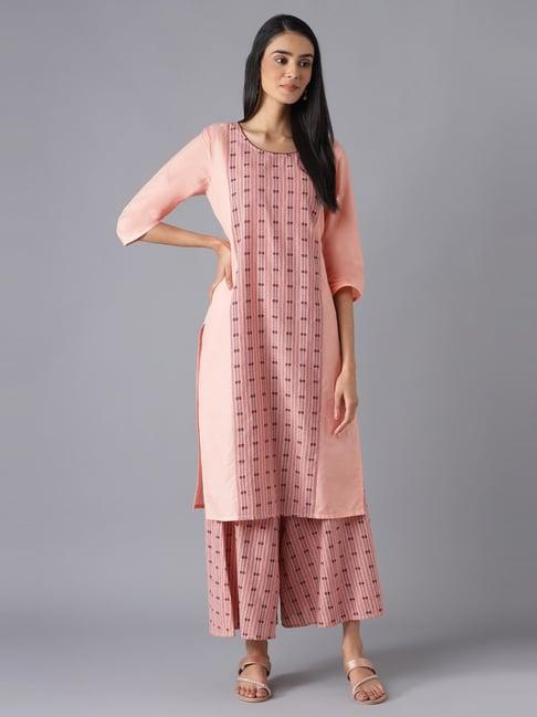 aurelia peach cotton printed kurta palazzo set