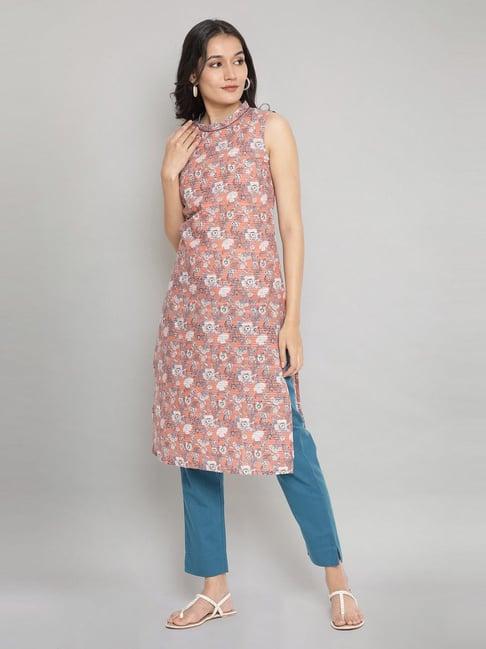 aurelia peach cotton printed straight kurta