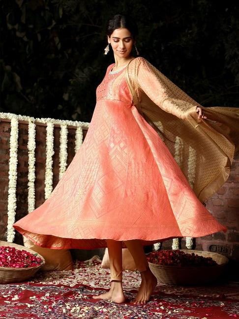 aurelia peach embellished a-line dress with dupatta