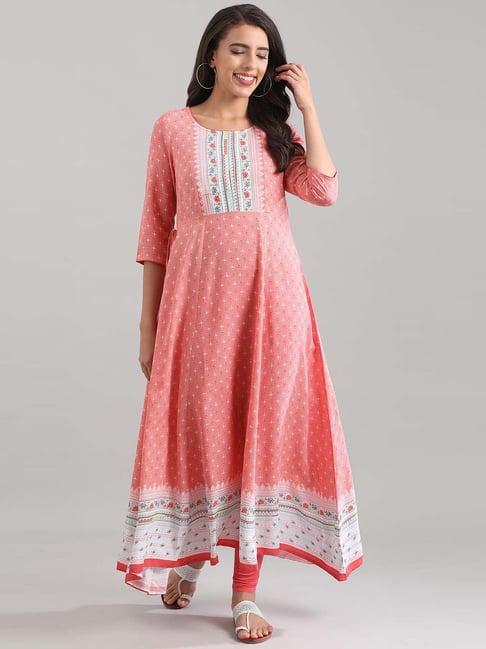 aurelia peach floral print high low kurta