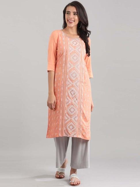 aurelia peach printed straight kurta