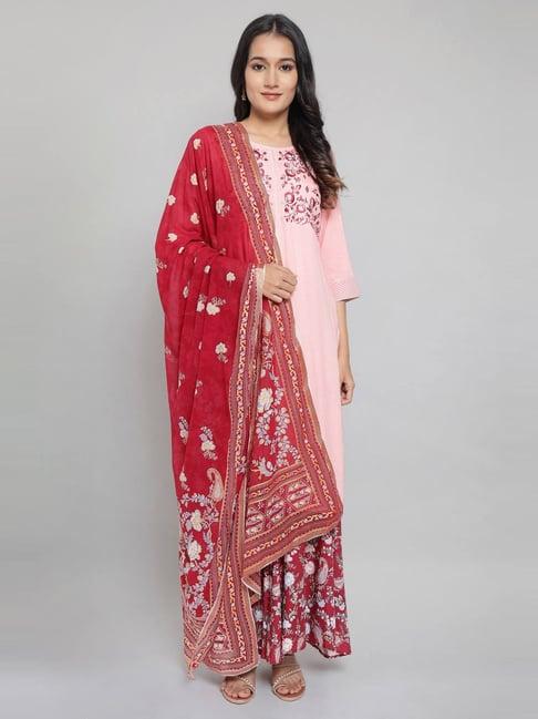 aurelia pink & maroon embroidered kurta palazzo set with dupatta