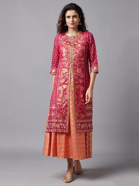 aurelia pink & orange floral print a line kurta