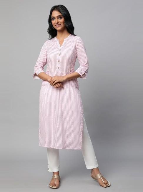 aurelia pink & white cotton printed kurta pant set