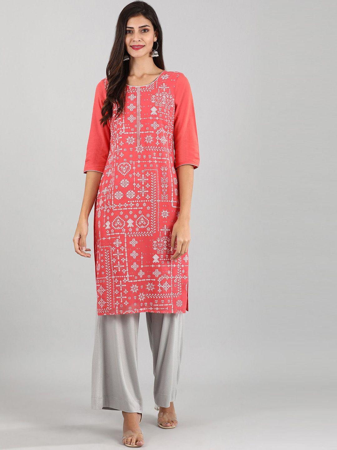 aurelia pink & white geometric printed kurta