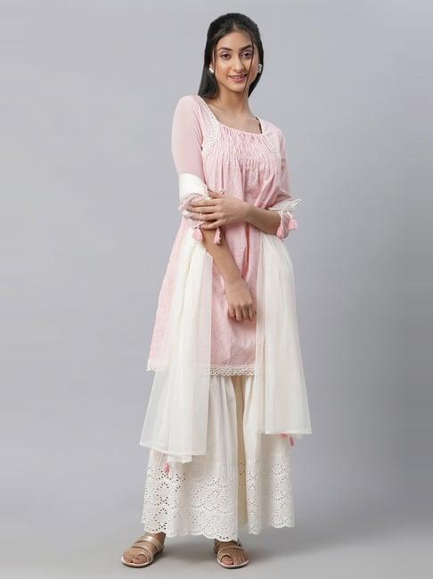 aurelia pink cotton embroidered kurti sharara set with dupatta