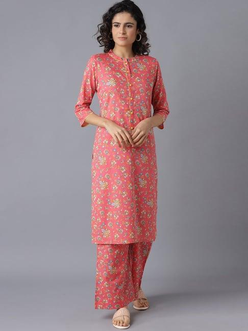 aurelia pink cotton printed kurta palazzo set