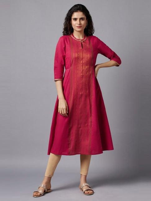 aurelia pink cotton woven pattern a line kurta