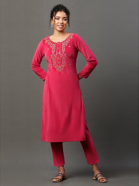 aurelia pink embroidered winter kurta pant set