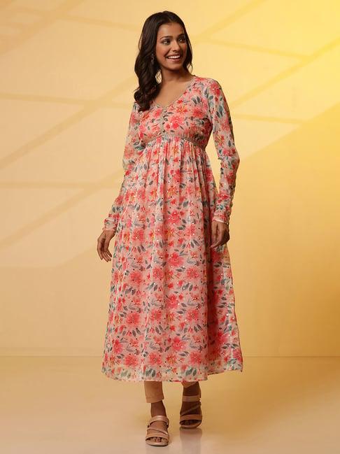 aurelia pink floral print flared kurta