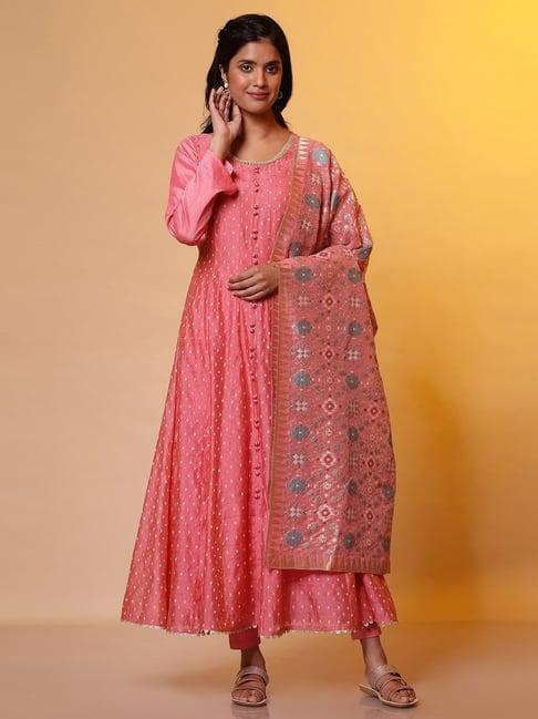 aurelia pink woven pattern kurta tights set with dupatta