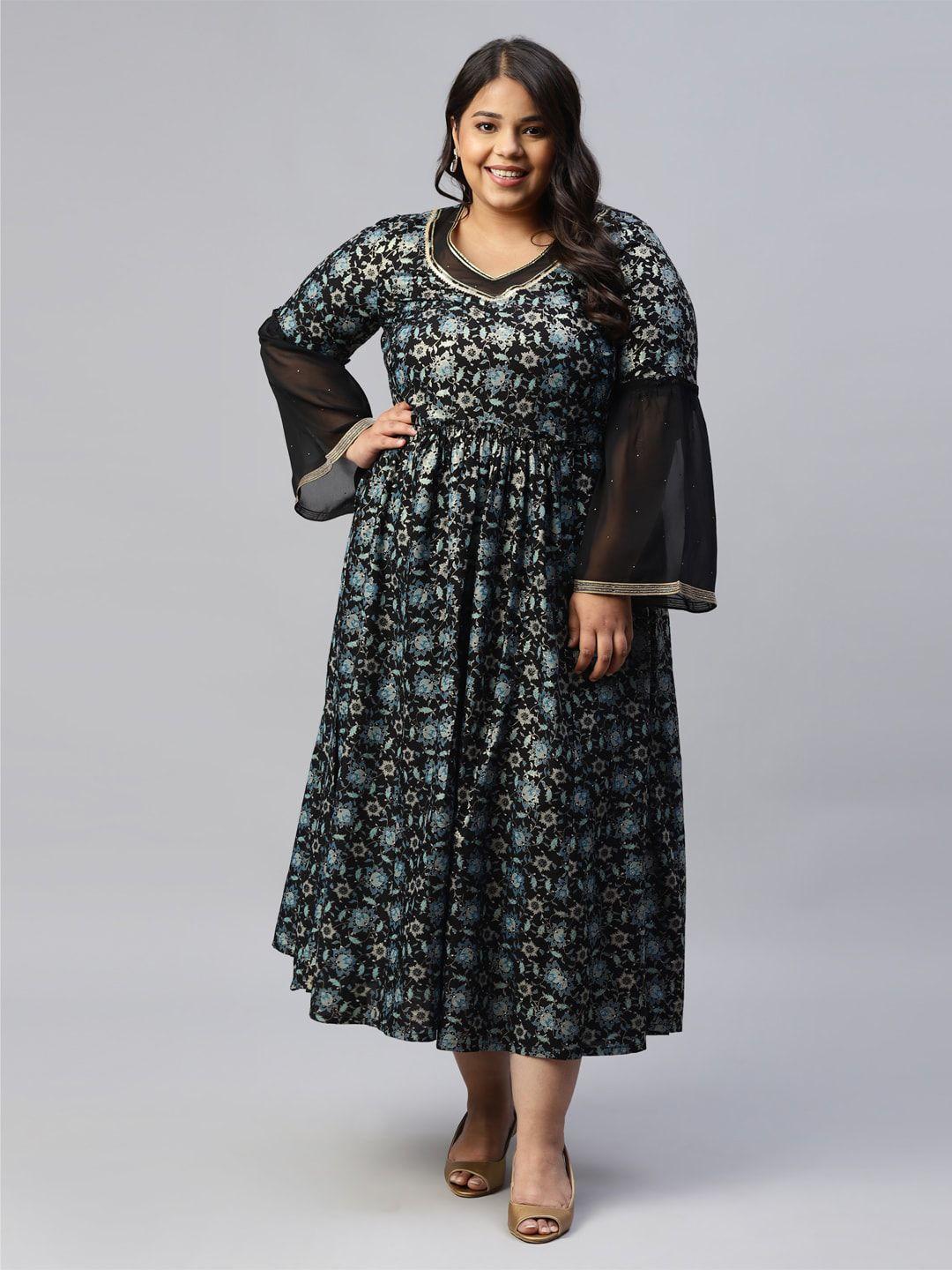 aurelia plus size floral printed bell sleeve fit & flare midi dress