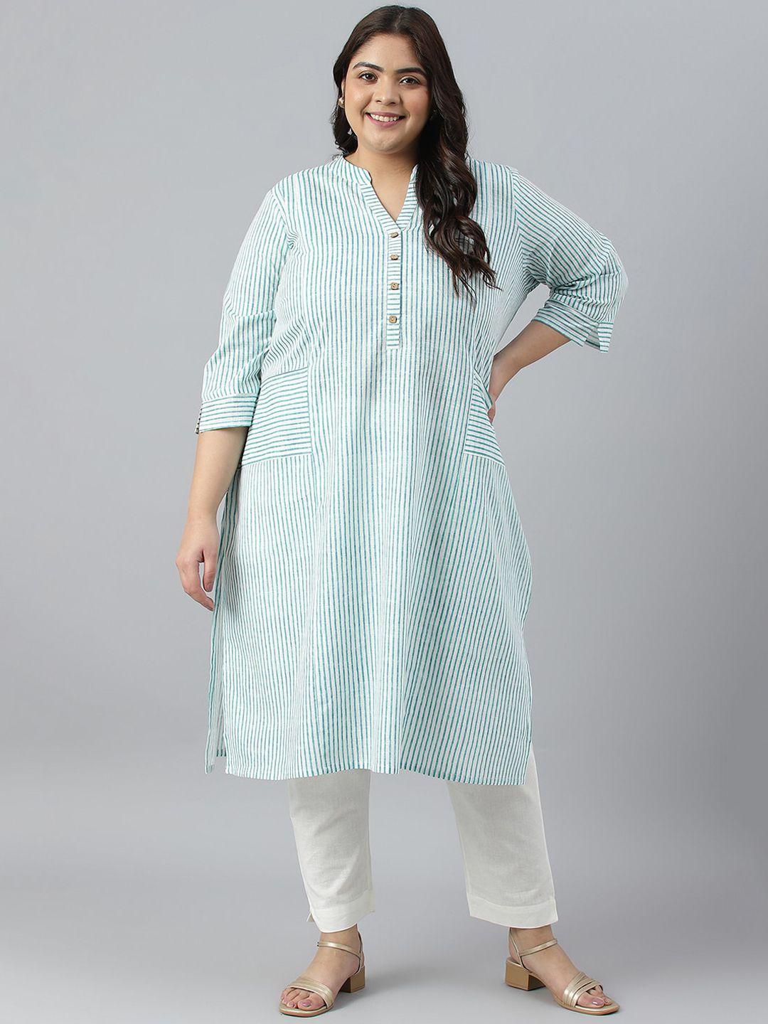 aurelia plus size striped band collar panelled straight pure cotton kurta