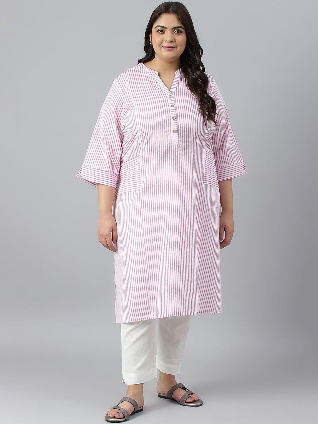 aurelia plus women striped cotton mandarin collar flared sleeves kurta