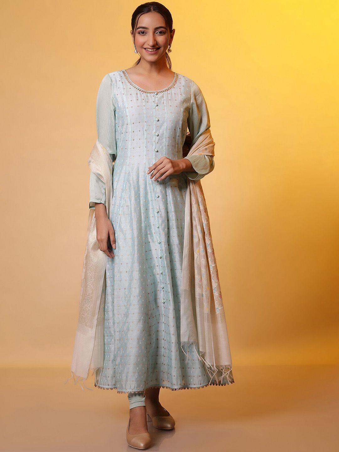 aurelia printed thread work round neck anarkali kurta with dupatta