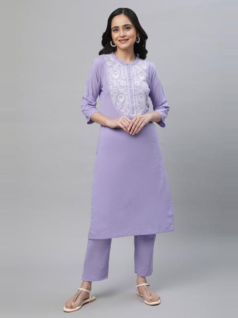 aurelia purple cotton embroidered kurta pant set