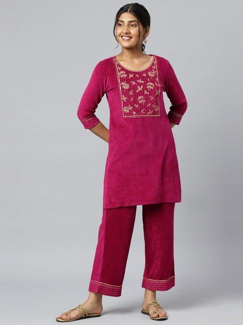 aurelia purple cotton embroidered kurti pant set