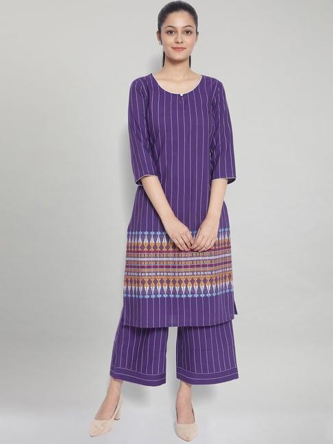 aurelia purple cotton striped kurta palazzo set