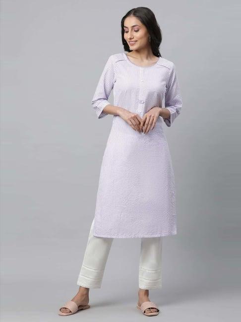 aurelia purple cotton striped straight kurta