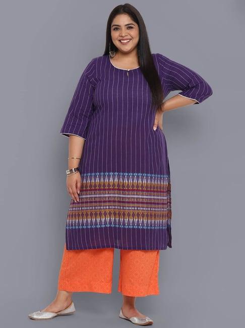 aurelia purple cotton striped straight kurta