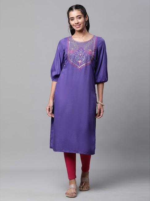 aurelia purple embroidered straight kurta