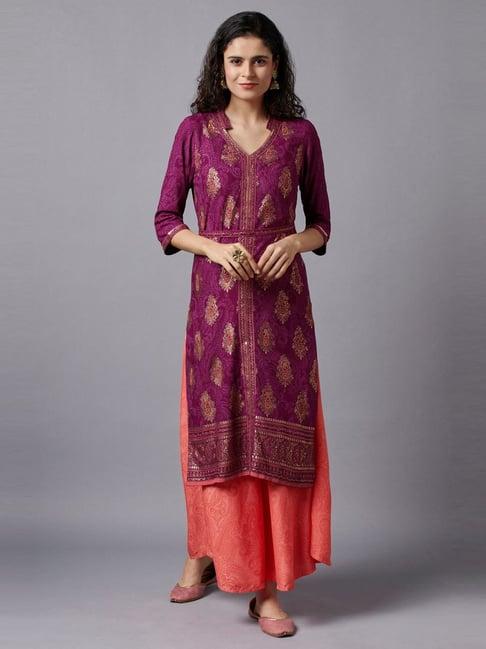 aurelia purple printed straight kurta