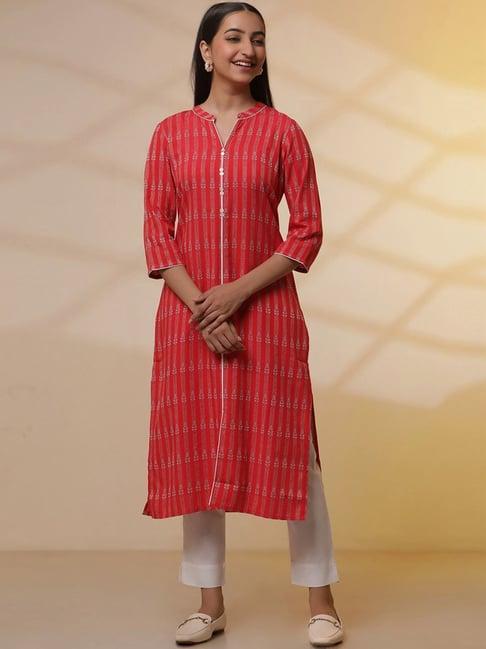 aurelia red & white woven pattern kurta pant set