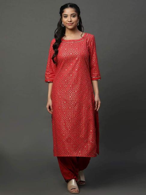 aurelia red cotton printed straight kurta