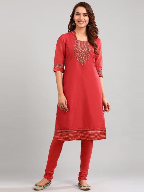 aurelia red embroidered kurta churidar set with dupatta