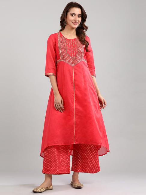 aurelia red embroidered kurta palazzo set with dupatta