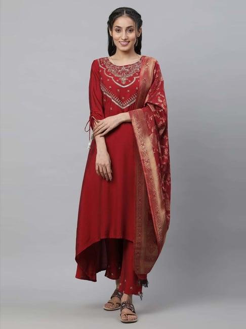 aurelia red embroidered kurta pant set with dupatta