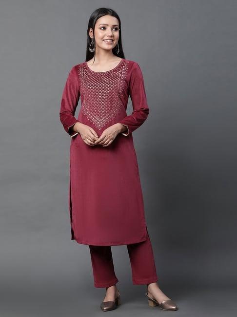 aurelia red embroidered kurta pant set