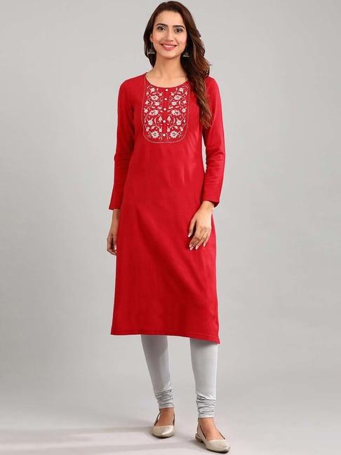 aurelia red embroidered straight kurta