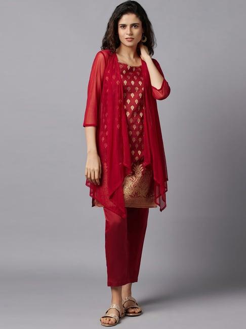 aurelia red printed kurti pant set