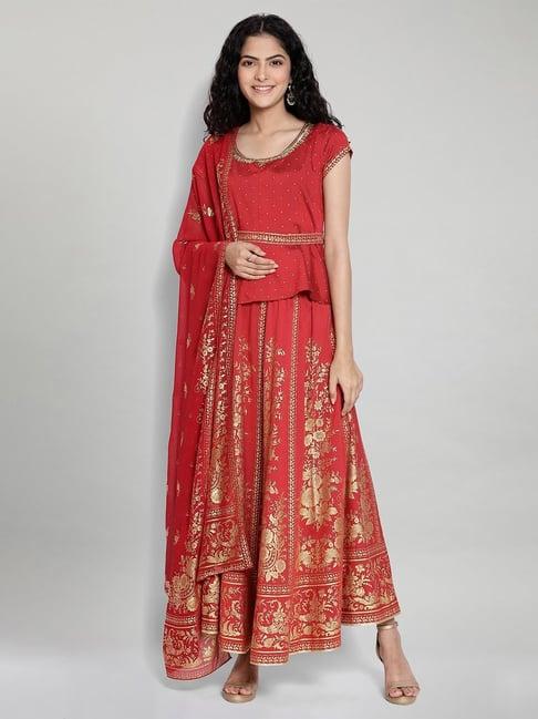 aurelia red printed top skirt with dupatta