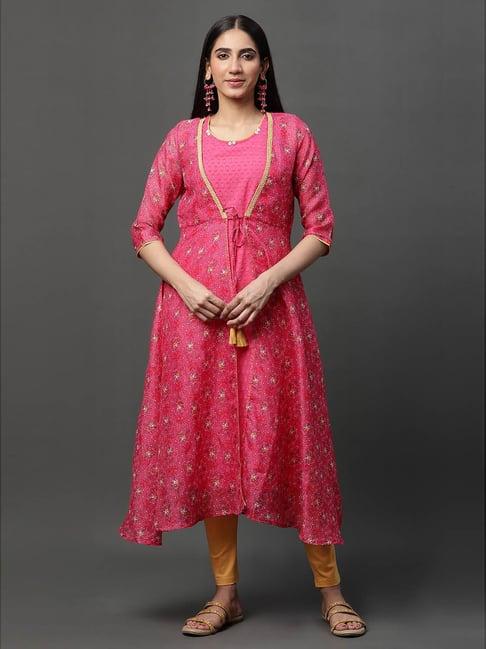 aurelia rose pink cotton printed kurta & legging set with gilet