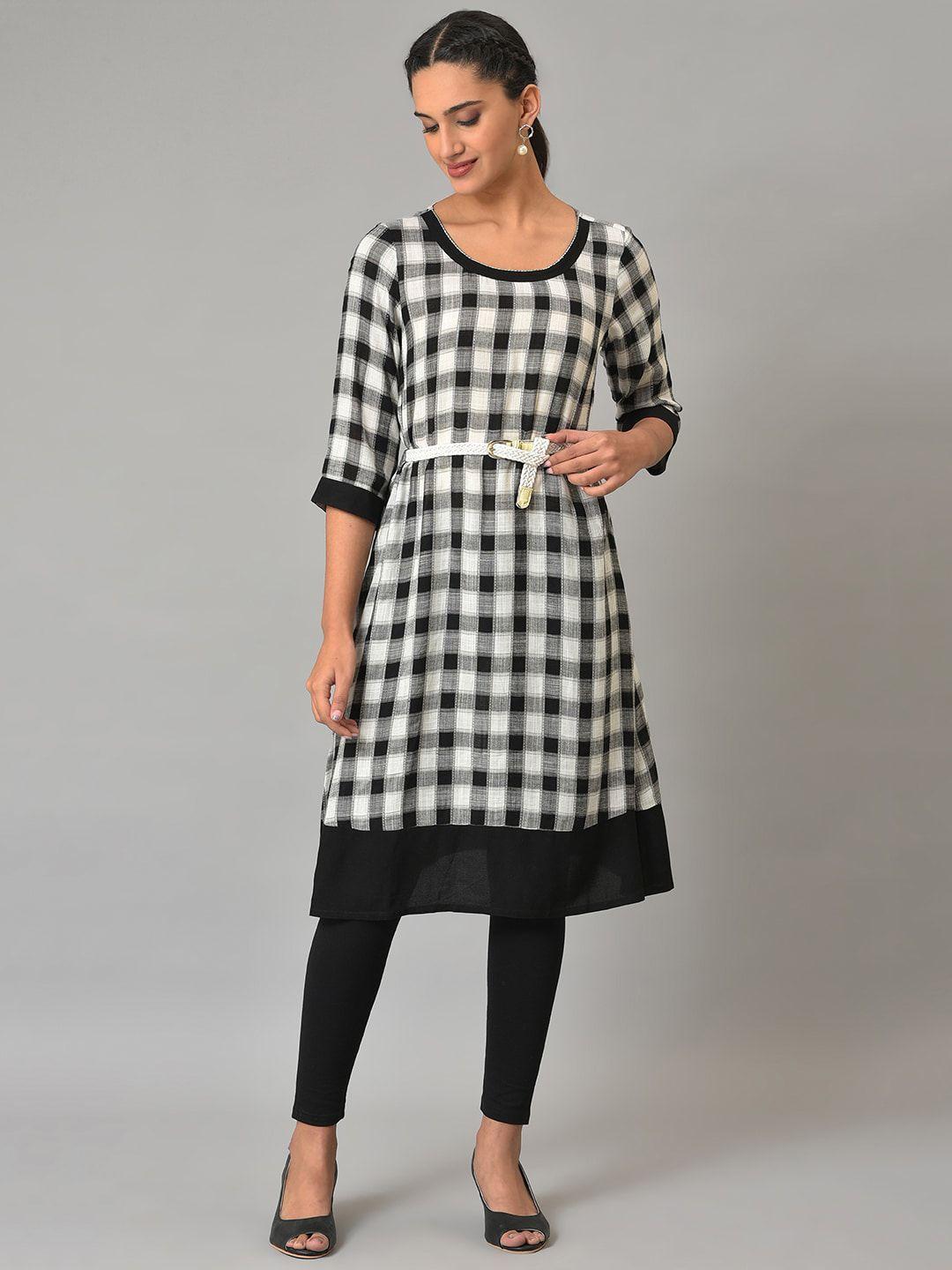 aurelia round neck checked a-line kurta