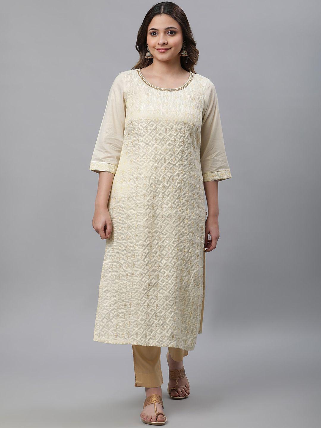 aurelia round neck cotton zari thread work kurta