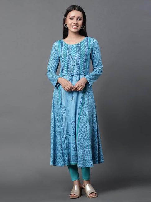 aurelia sea blue printed kurta with leggings